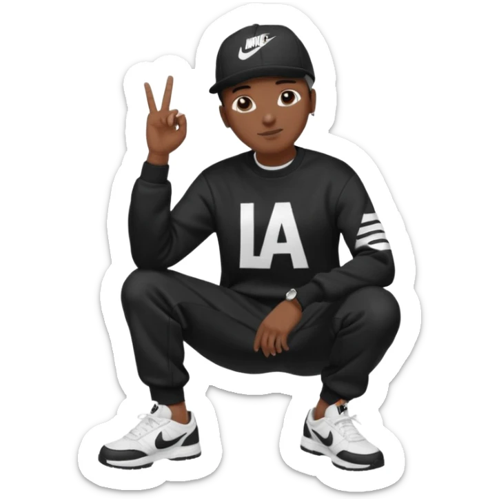 Crea Un Emoji De Cuerpo Completo Que Sea Hombre Con Corte Alucin Que Tenga Gorra Nike, Suéter Negro Que Tenga La Letras LA El La Parte Del Corazón, Zapatos Adidas Con Una Palomita✅, Pantalón Ancho O Bellaco Con Unos Diseños De Palomas Blancas Y Asiendo Una Pose Con Su Mano Que Sea Está 🤙🏽. sticker
