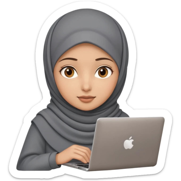 A girl wearing a gray hijab and with hazel eyes is carrying a laptop, not a laptop, just a regular laptop. sticker