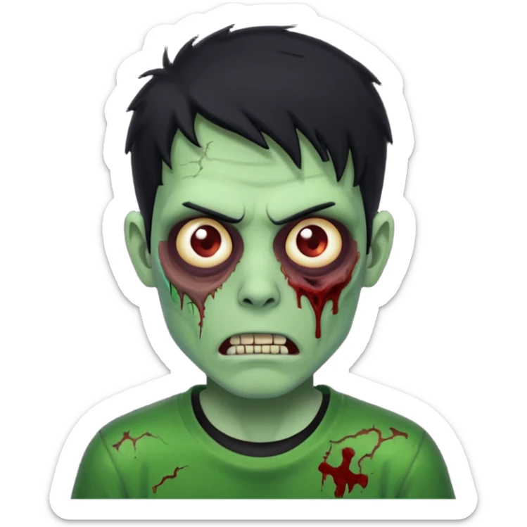 Zombie Emoji AppleIOS Style, lowfade Black Hair, and Black T-shirt, Green Skin, normal expression sticker