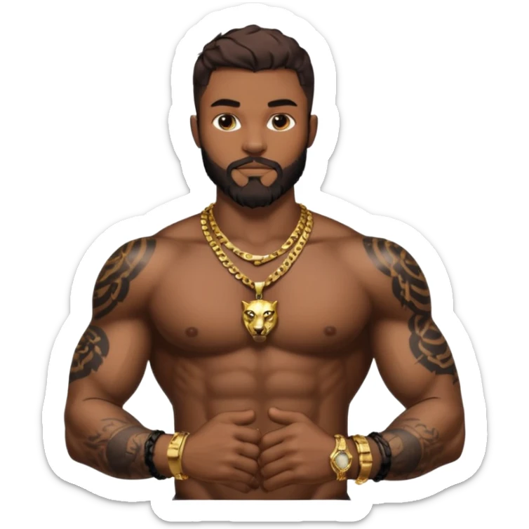 a muscular man with a brown beard and hair with a tattoo on his chest of a black panther in the same style as Conor McGregor, with gold bracelets, and a gold Cuban chain with a pendant sticker