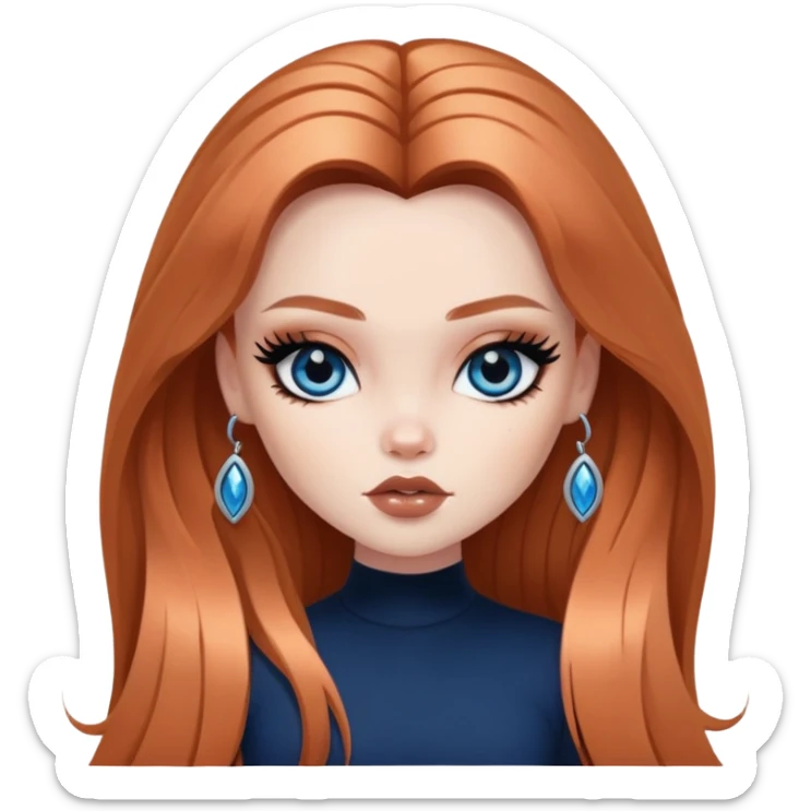 pretty bratz baddie, black eyeliner, pale skin, copper long hair, dark blue eyes sticker