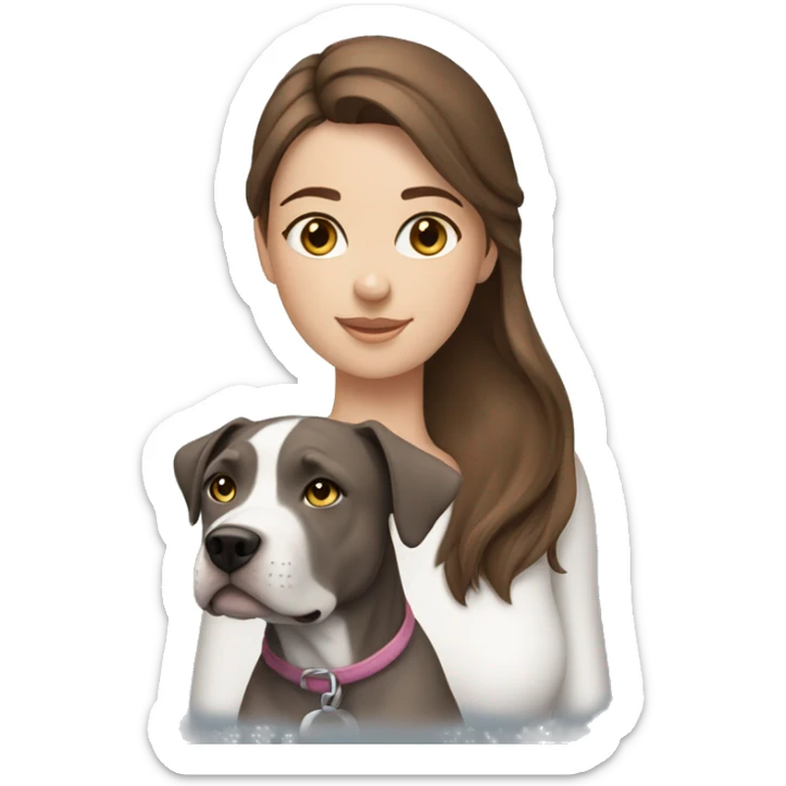 A girl with brown hair, blue eyes with a gray Amstaff dog sticker