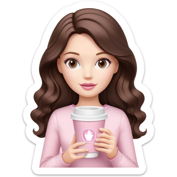 A white Barbie girl with long dark brown wave hair and a pale pink paper cup of coffee sticker