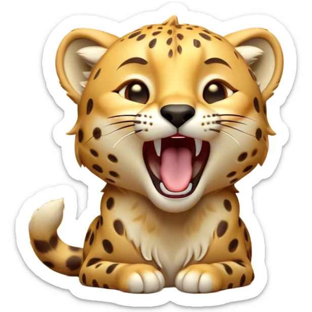 Cinematic Cute Yawning Cheetah Portrait Emoji, Head tilted slightly with a dramatic, wide-open yawn, showcasing a soft, sleek golden Fur with distinctive spots and floppy ears slightly drooping, round amber eyes barely open in drowsy contentment, Simplified yet irresistibly adorable features, highly detailed, glowing with a soft, cozy glow, high shine, relaxed yet expressive, stylized with a touch of savannah whimsy, bright and endearing, soft glowing outline, capturing the essence of a sleepy yet affectionate cheetah, so drowsy it feels like it could stretch right out of the screen and curl up for a nap! sticker