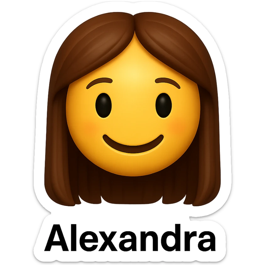 3D smiley emoji, girl style, long hair, smiling face, with the name 'Alexandra' below in printed letters sticker