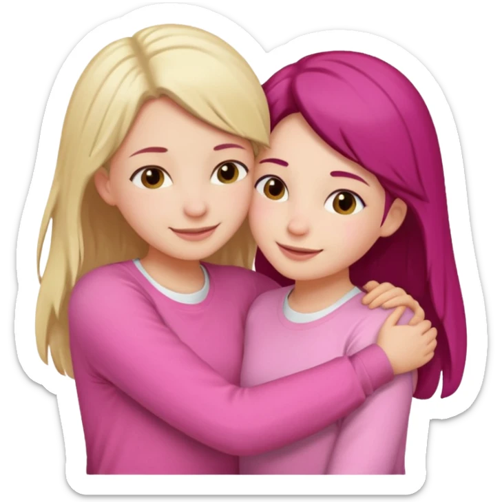 2 girls hugging each other. One is wearing white shirt and the other is wearing pink sticker