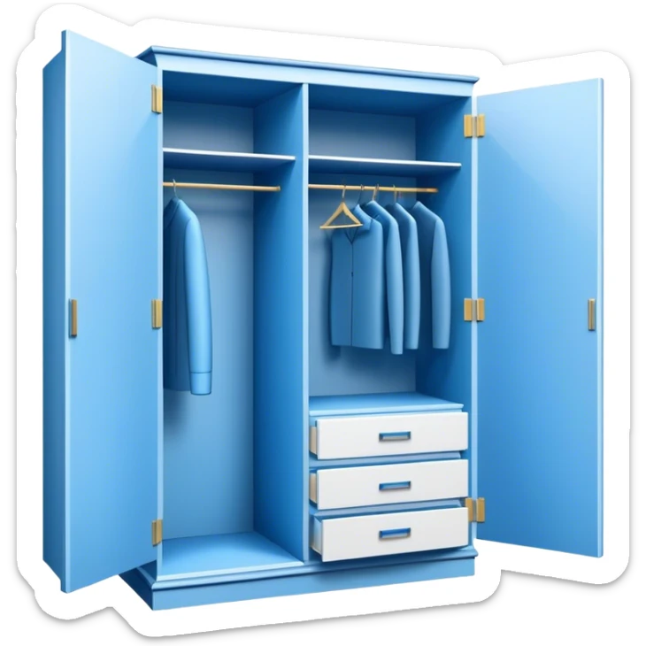 Icon for Furniture Design: a blueprint of a wardrobe without clothing inside, featuring a 3D installation with dimensions and a ruler or measuring tape. The icon should represent the detailed design and measurement process in furniture creation. Transparent background. sticker