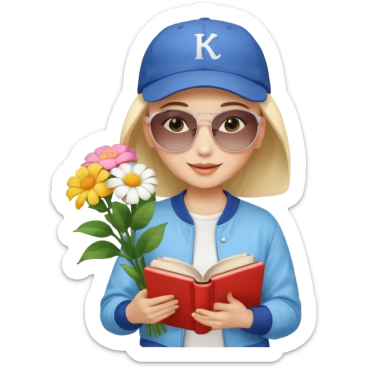 ["A happy girl with light skin, bald, wearing a baseball cap and sunglasses, dressed in K-pop fashion, is reading a book while holding a flower bouquet."] sticker