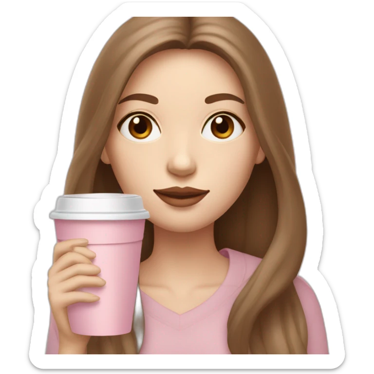 woman with pale skin and middle brown long thin hair sipping cofee from a light pink takeaway cup eyes closedf sticker