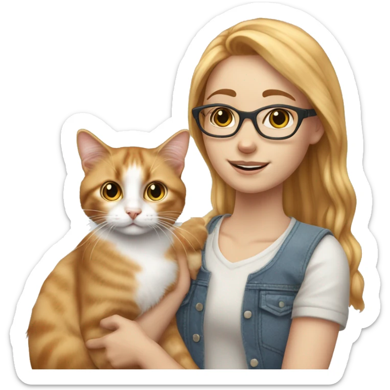White skin strawberry-blonde haired girl with glasses holding long-haired calico cat sticker