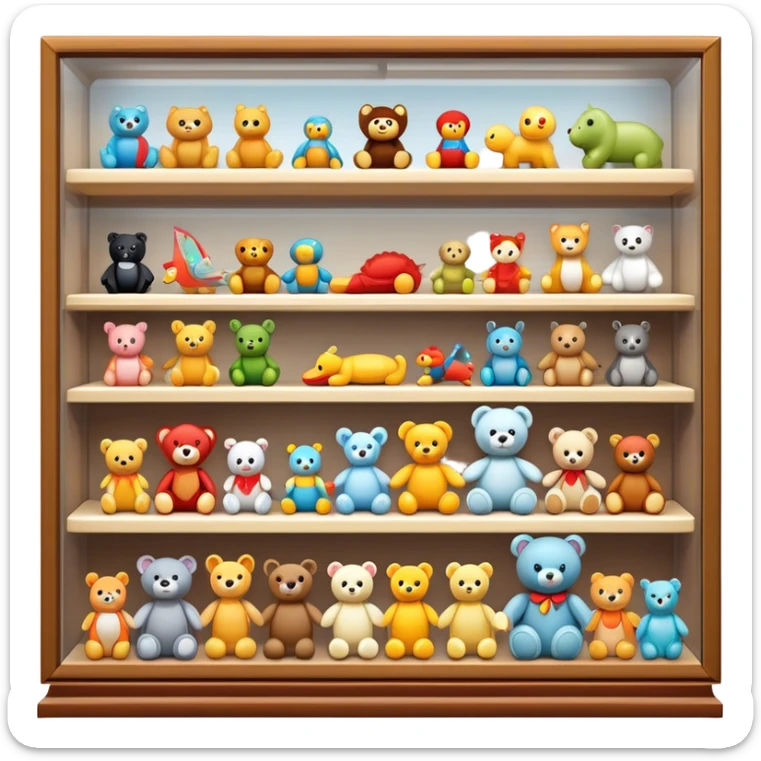 Icon for Toy Collecting: a collection of various vintage toys such as dolls, action figures, and plush animals, displayed neatly on shelves or in display cases. The icon should evoke the joy and nostalgia of collecting toys. Transparent background. sticker