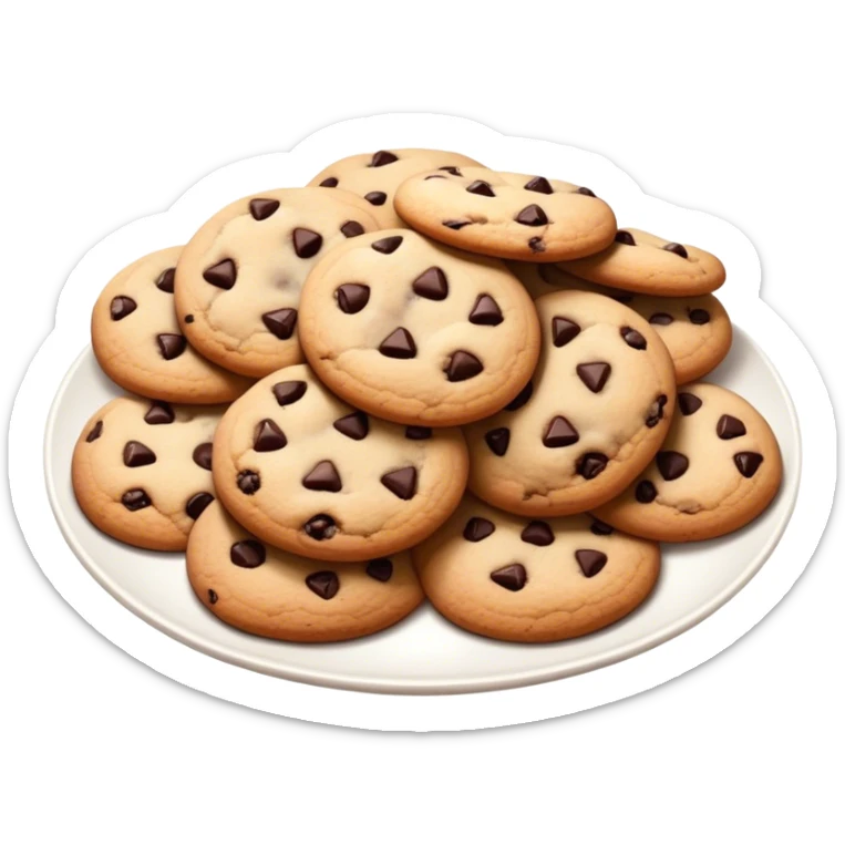 Cinematic Realistic Cookies Dessert Emoji, showcasing a plate of freshly baked cookies with gooey chocolate chips rendered with lifelike textures and warm, homey lighting. sticker