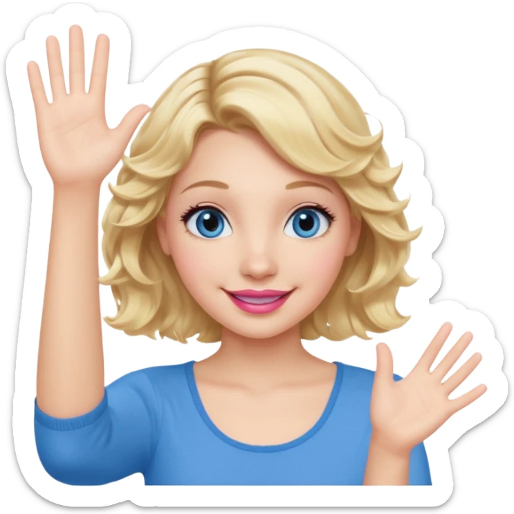 Girl Blonde short wavy hair,  blue eyes, cute blue top, long lashes, pink lips, smiling, waving hello  sticker