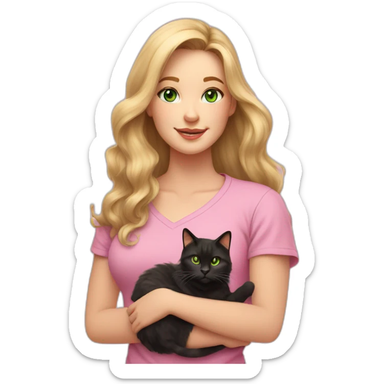 woman with green eyes and long wavy blonde hair in a pink shirt is holding a very fluffy and fat black and tortoiseshell cat sticker