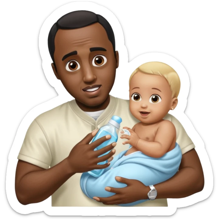 Sean “Diddy” Combs with baby oil and a very small infant and he’s pouring the baby oil on the baby and they have a scared face they’re really scared while diddy is happy sticker