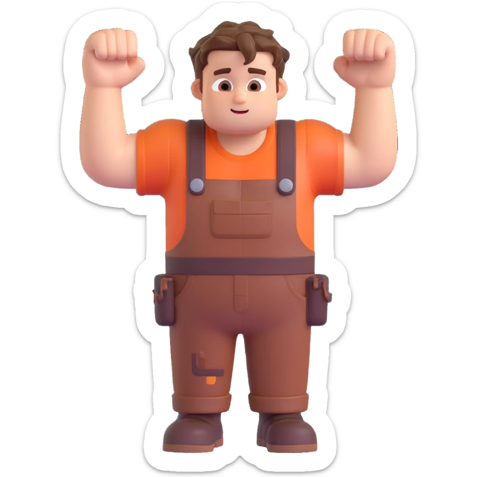Wreck-It Ralph man with short messy hair, brown overalls, boxy figure with big arms sticker