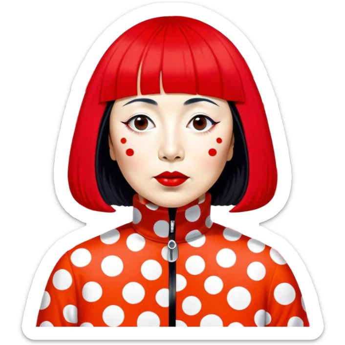 Yayoi Kusama – Cinematic Realistic Portrait of Yayoi Kusama, depicted as an avant-garde artist with an eccentric, captivating expression surrounded by her iconic polka dot patterns, rendered with vivid textures and imaginative lighting that evokes her unique, surreal creative world. sticker