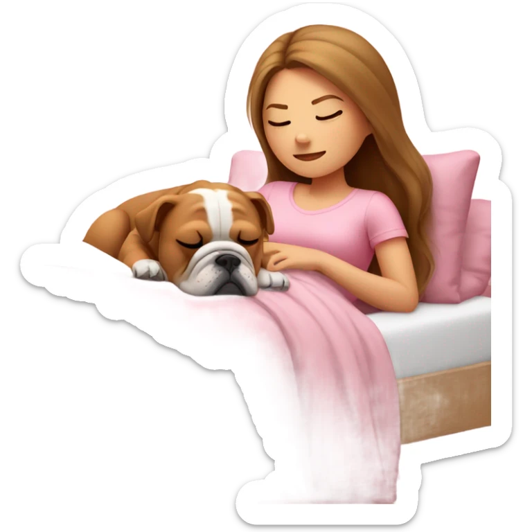 Sleeping girl in pink bed with brown hair with blonde mesh and bulldog sticker