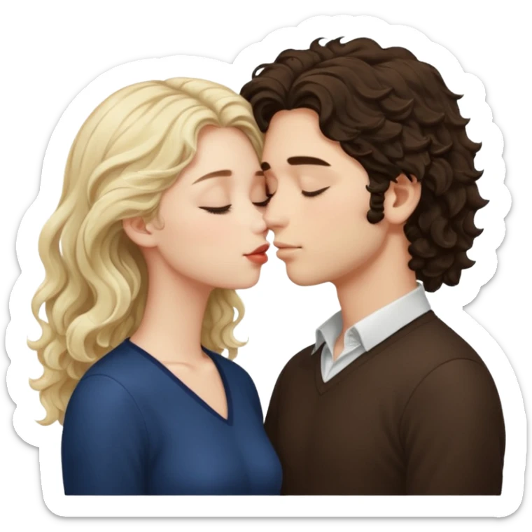 Tall White Italian boy with dark brown wavy fluffy hair and blonde wavy hair girl that's pale with wavy hair kissing with eyes closed  sticker