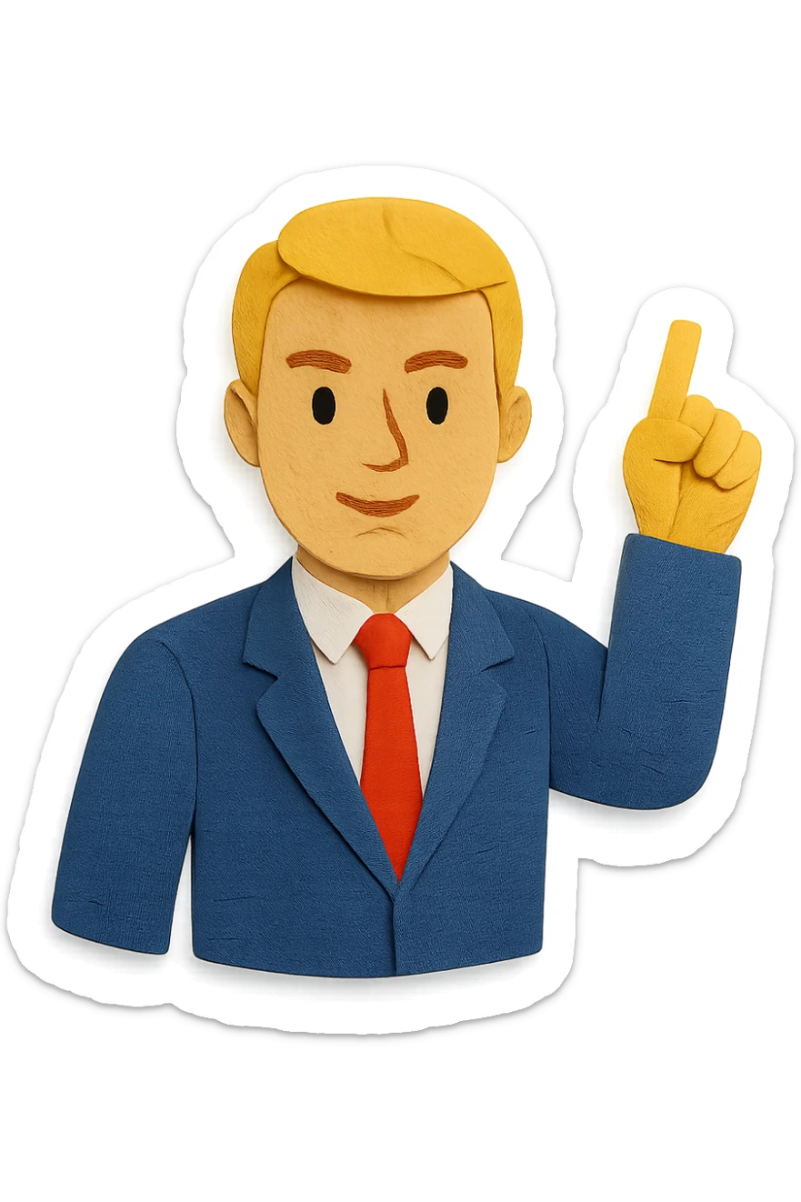 Confident male leader, Caucasian, short neat blonde hair, sharp eyes, indigo jacket, one arm raised gicing direction, waist-up, front-facing sticker