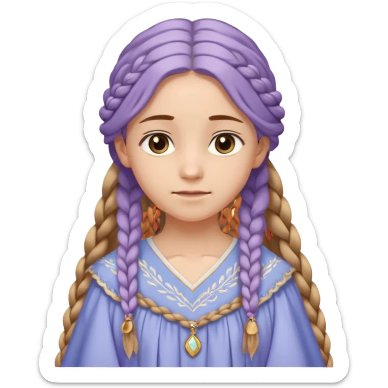 Joven de unos 20 años, de aspecto dulce y elegante.
Piel clara, ojosy expresivos, sonrisa triste.
Rubio o castaño claro, largo, con trenzas o velo.
-Vestido largo de tonos suaves (blanco, azul o lavanda), con bordados dorados; un manto o toca fina cubriendo la cabeza. sticker