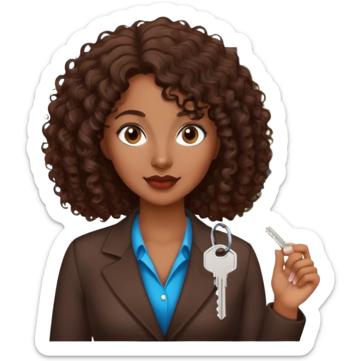 Dark brown lady with medium brown mid length curly hair in real estate job with house and keys sticker