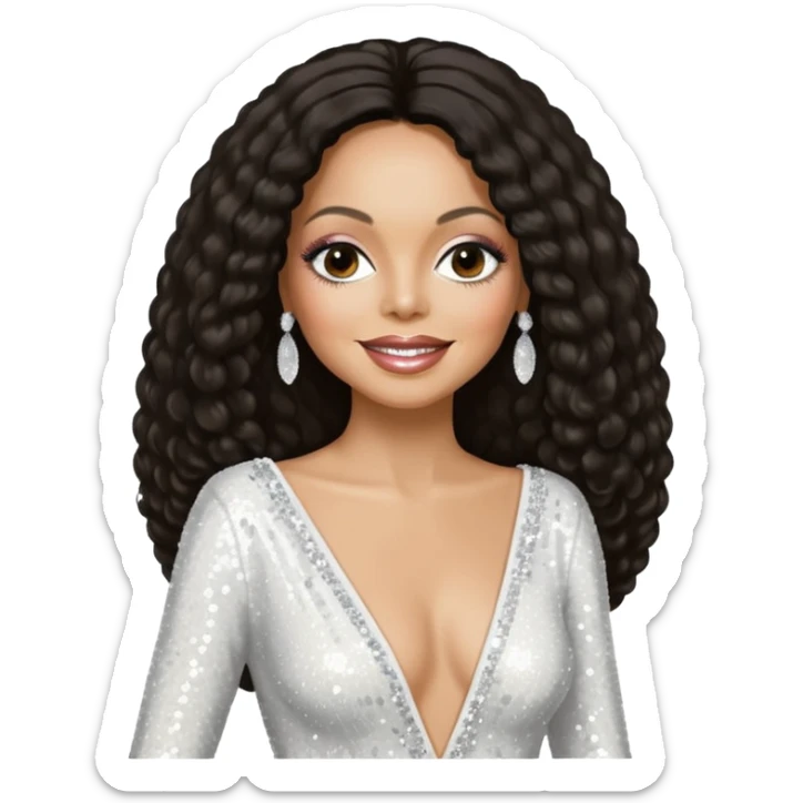 Diana Ross, Queen of Motown from Famous People with long dark brown hair, white sequin outfit sticker