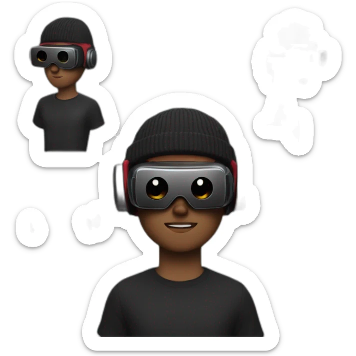 A 19 year old white guy, in a beanie, wearing a VR headset, in a black outfit with dark red accents sticker
