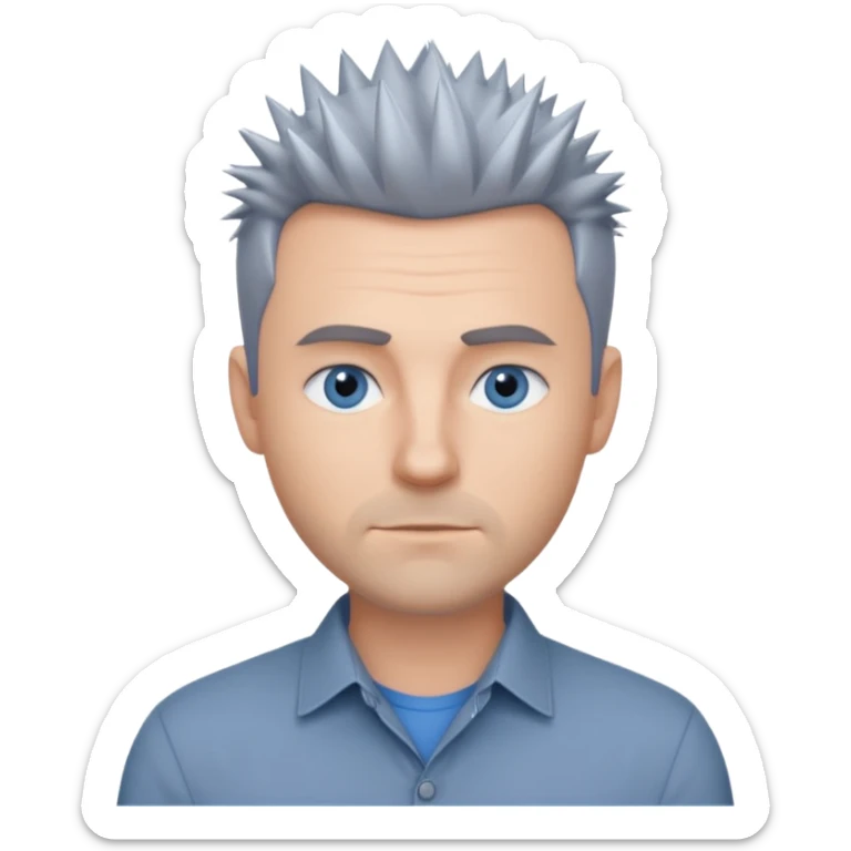 40 yr old white man short spike hair grey dress shirt blue eyes no smile sticker