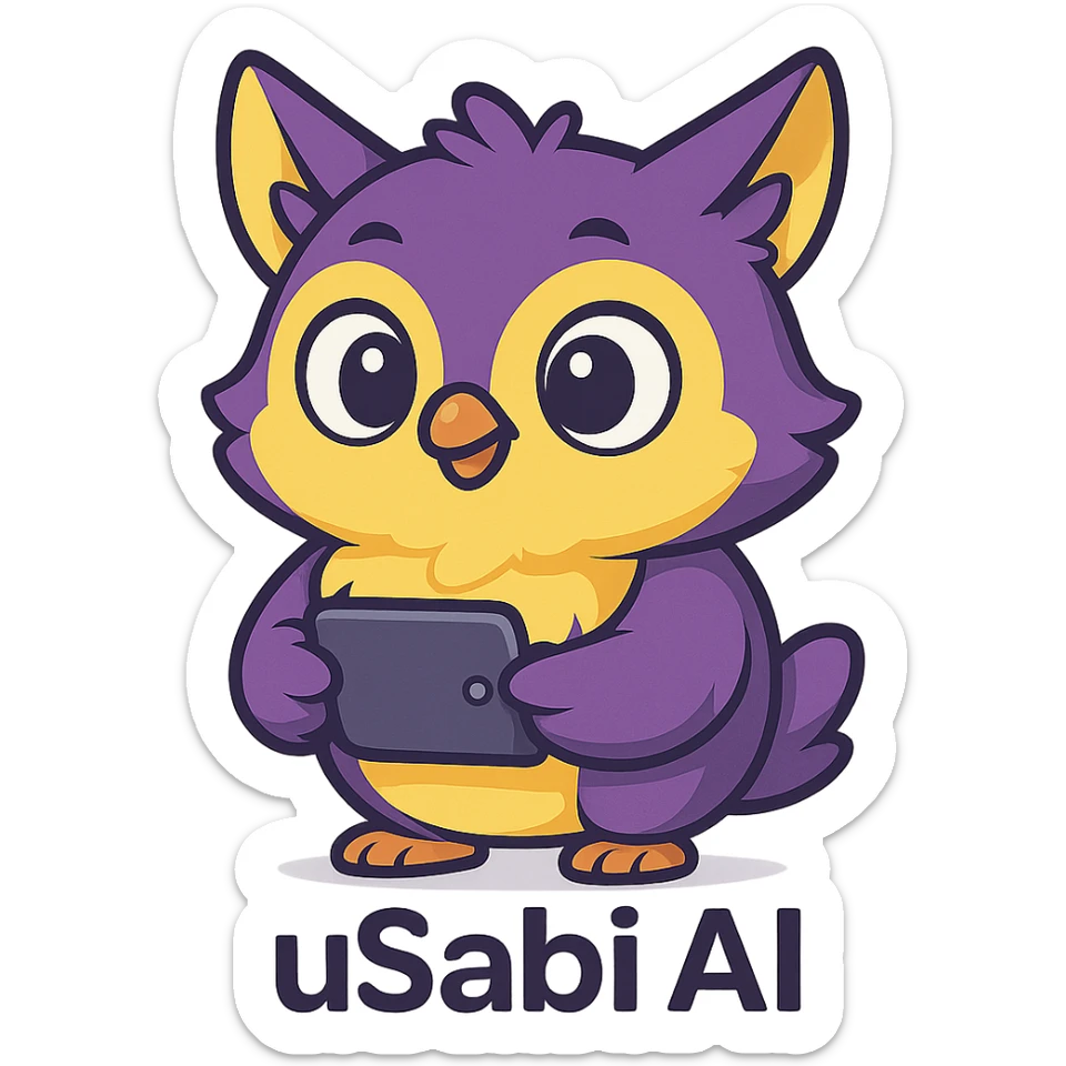 cute animal mascot like an owl or fox for 'uSabi AI', purple and yellow fur, holding a small gadget, modern friendly tech-inspired style sticker