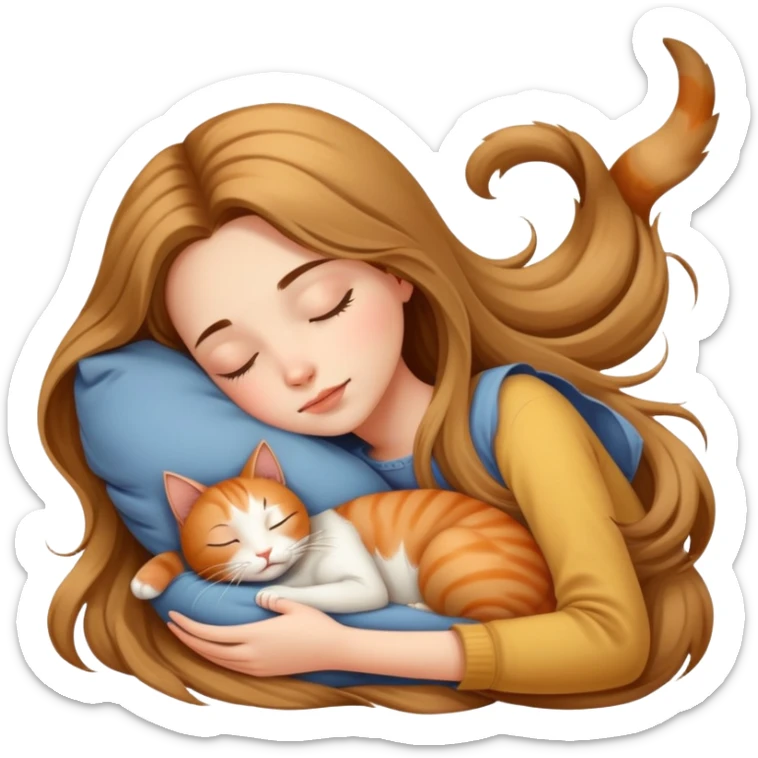 Generate a picture of a beautiful girl with long hair sleeping with a cat sticker