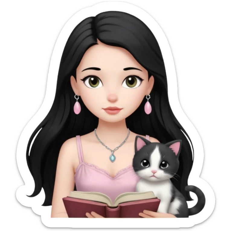 Menina branca ,cabelos cor preta longos, olhos cor preta puxados para cima. Cílios longos, lábios grossos ,nariz pequeno ,vestido rosa claro de alça. Colar e brinco delicado. Lendo um livro com gatinho preto e branco. sticker