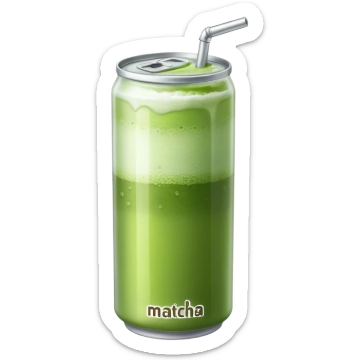 Create an emoji-style illustration of a tall, transparent can-shaped drink filled with iced matcha. The top is sealed with a silver metal pull-tab lid. The drink has a green matcha layer on top that gradually fades into a milky white layer at the bottom. The can is sleek and minimalist. sticker