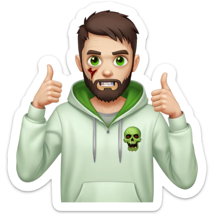 zombie with thumbs up gesture, undercut hairstyle with dark brown hair, short full beard, green eyes, wearing plain white hoodie sticker