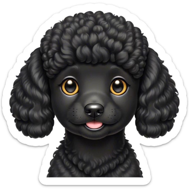 Cinematic Cute Black Poodle Portrait Emoji, Head tilted playfully and inquisitively, showcasing a bouncy, curly jet-black Fur with a striking sheen, round, sparkling dark eyes filled with curiosity, Simplified yet irresistibly adorable features, highly detailed, glowing with a warm, friendly glow, high shine, affectionate and lively, stylized with a touch of whimsy, bright and endearing, soft glowing outline, capturing the essence of a mischievous yet loving companion, so playful it feels like it could bounce out of the screen and into your arms! sticker