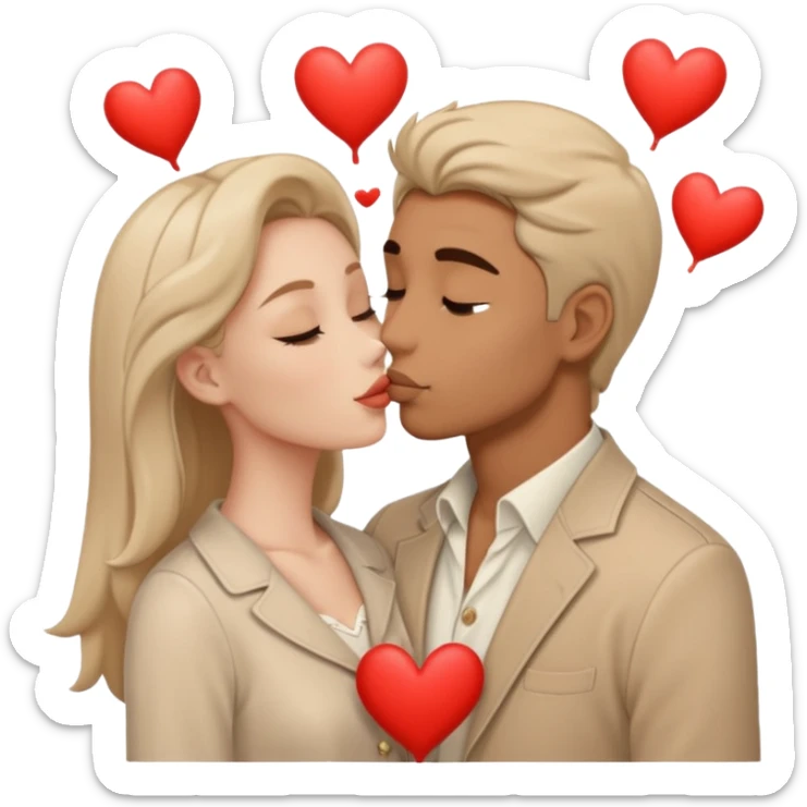 A man in pale beige clothes and a woman in pale beige clothes are kissing with white hearts sticker