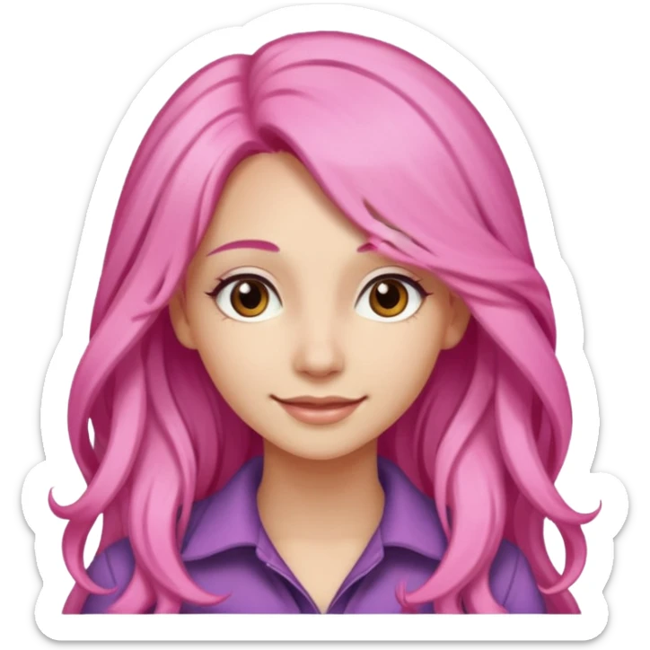 A light-skinned woman with long pink hair styled, brown eyes, and a gentle smile. sticker