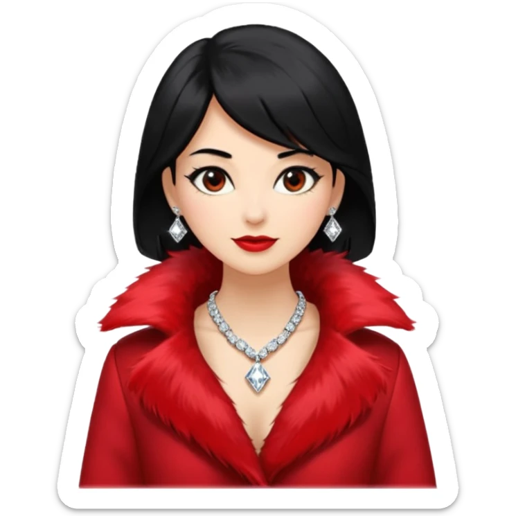 * Character: A stylish lady,black hair
* ﻿﻿Clothing: A luxurious red fur coat
* ﻿﻿Accessories: A dazzling diamond necklace
* ﻿﻿Expression: Confident, elegant, maybe slightly glamorous
* ﻿﻿Pose: Head slightly tilted or a poised posture
* ﻿﻿Style: Emoji-like, simple but expressive sticker