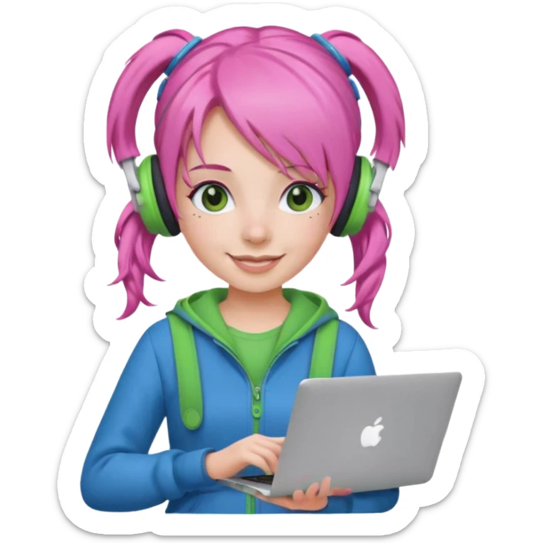 Create an emoji of a woman with pink hair tied into two pigtails. She is a game streamer, wearing green headphones, holding a MacBook, and dressed in a blue outfit. sticker