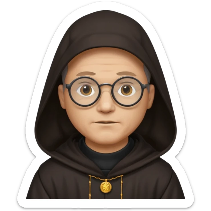 Monk priest prayer black habit with hood round black glasses done light brown wavy hair under hood remove the medallion smaller more round glassed age 46  sticker