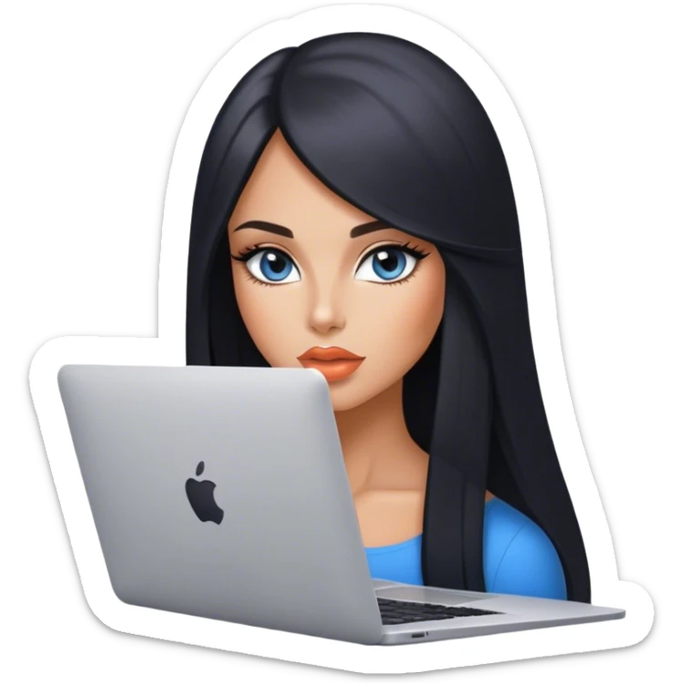 Glamours, tanned, very beautiful girl, with big pump peach lips, black straight smooth silky long hair, straight parting, blue-grey eyes with MacBook sticker