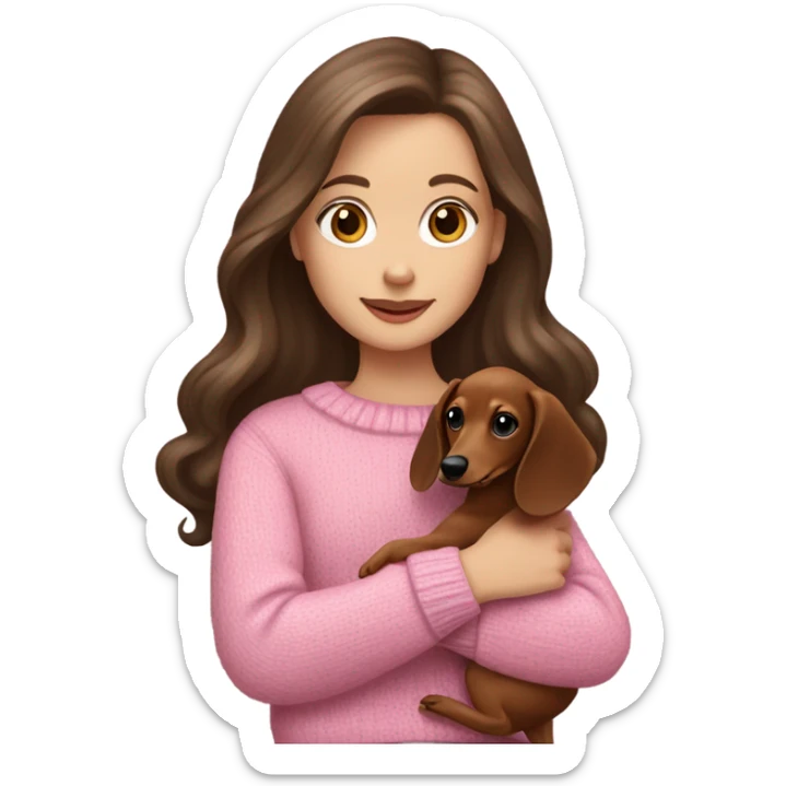 Brunette white girl with long hair in a pink sweater holds a dachshund long haired puppy in her arms sticker