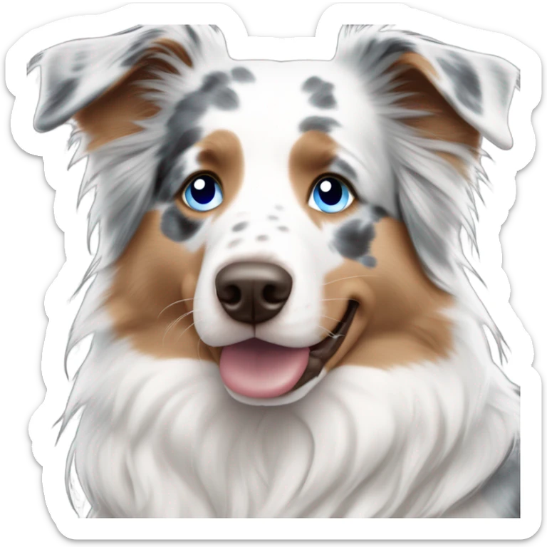 woman with blue eyes and long straight blonde hair and big boobs is holding a very fluffy blue eyes, blue merle australian shepherd  sticker