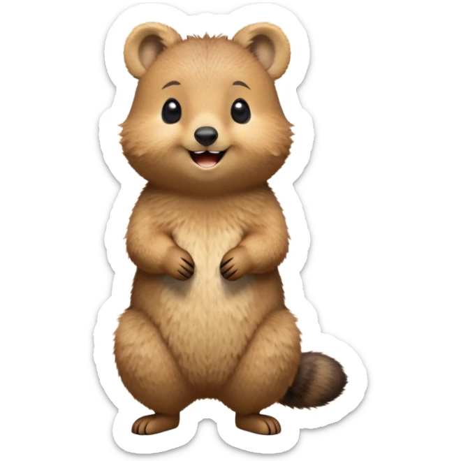 cinematic-quokka-realistic-full-body-standing on its hind legs hunched over-emoji,-small-round-frame-balanced-on-tiny-strong-hind-legs,giant fluffy cheeks large smile-fluffy-brown-fur-radiating-a-warm-softness,-big-round-eyes-filled-with-joy-and-innocence,-tiny-clawed-paws-held-close-to-chest,-cheerful-smile-exuding-endearing-happiness,-simplified-yet-realistic-focused-features,-highly-detailed,-glowing-with-a-sunny-warmth, skinny tail sticker