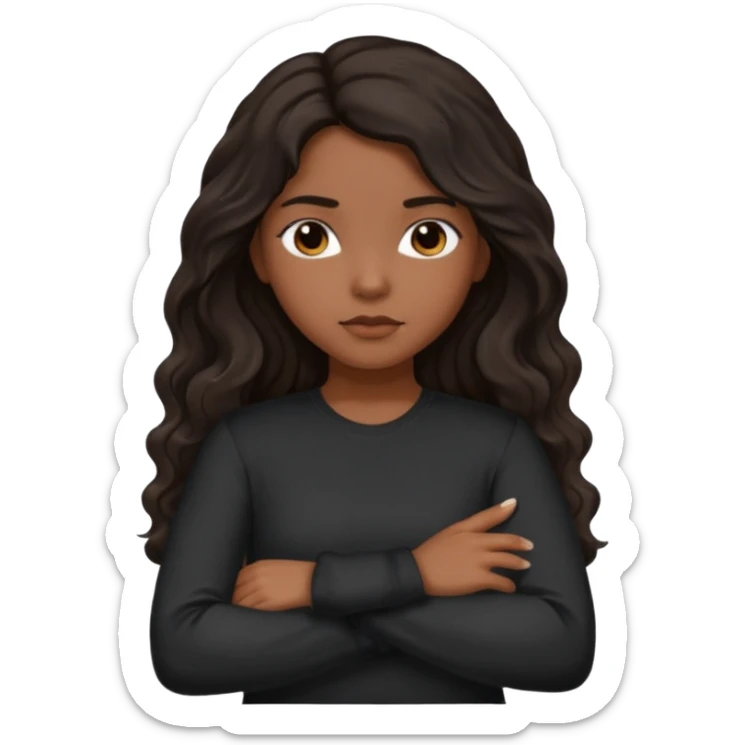 Hispanic girl dark long wavy hair crossing her arms with slight pout black long sleeve shirt sticker