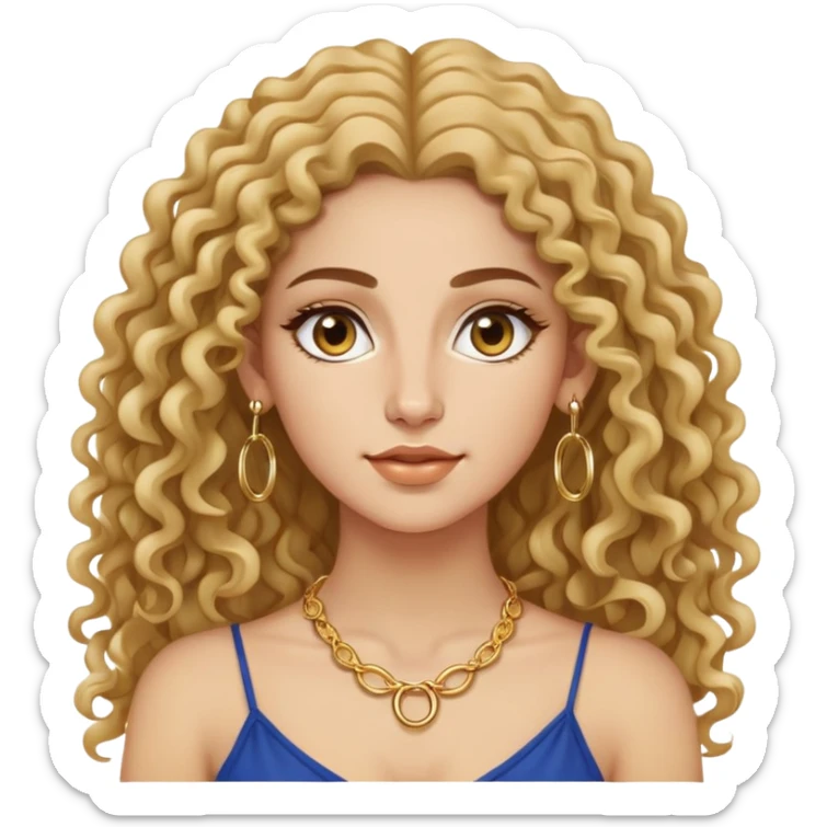 attractive Greek woman with long curly hair and light skin wearing gold hoop earrings and a small gold necklace sticker