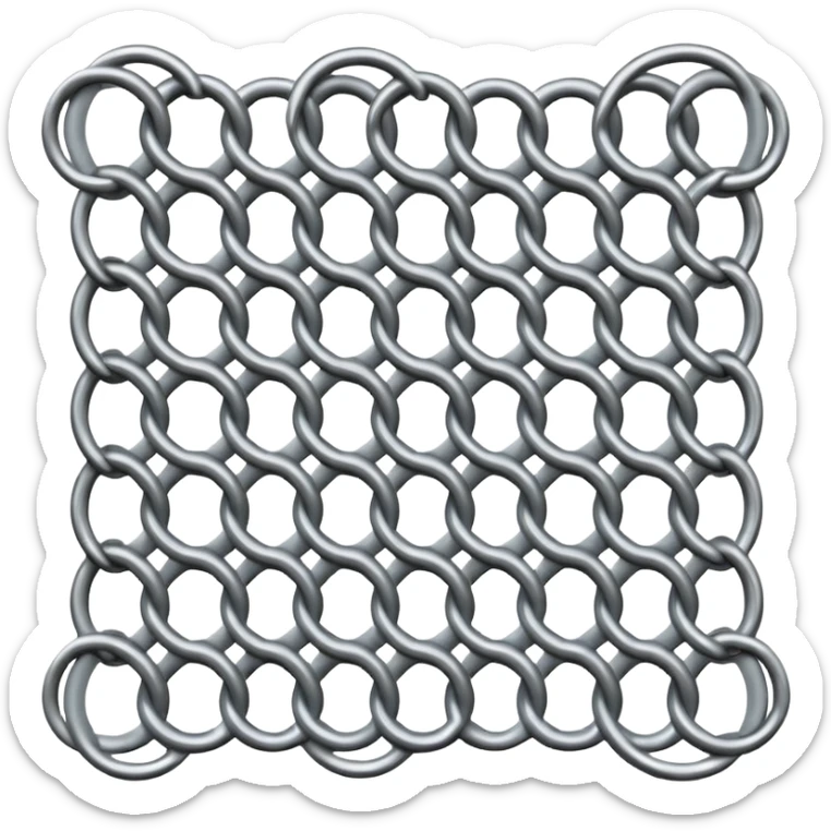3D render of Screen Door Fragment, made of interlocking chainmail metal rings, wire mesh texture, visible holes and negative space, metallic silver and grey, high contrast shadows, emoji style, isolated on white background --v 6.0. sticker
