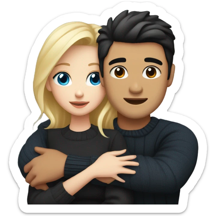 Blonde girl with blue eyes in black sweater and an east asian man with black hair and black eyes hugging sticker