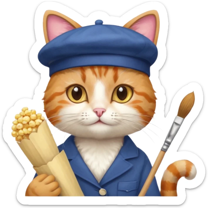 A cat that is an artist similar to the "meow_popcorn" emoji sticker