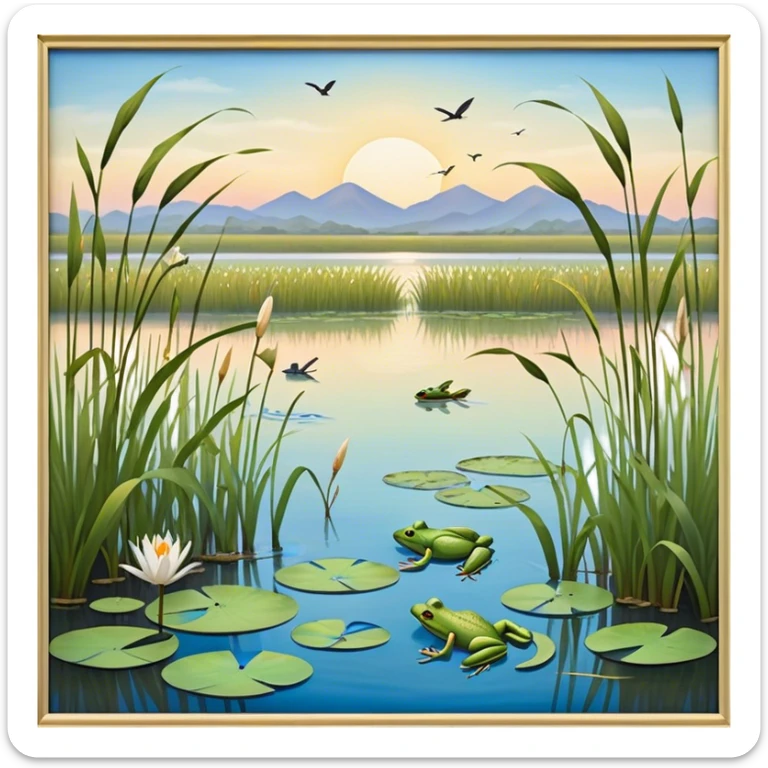 Cinematic Realistic Wetlands Emoji in a wooden frame, Peaceful and serene, with tall grasses swaying in the breeze and soft, muddy waters reflecting the sky above. Small birds and insects flit among the reeds while lily pads float lazily across the surface, punctuated by the occasional croak of a frog or splash of a fish. Soft glowing outline, capturing the essence of a calm, tranquil wetland brimming with life and natural beauty. sticker